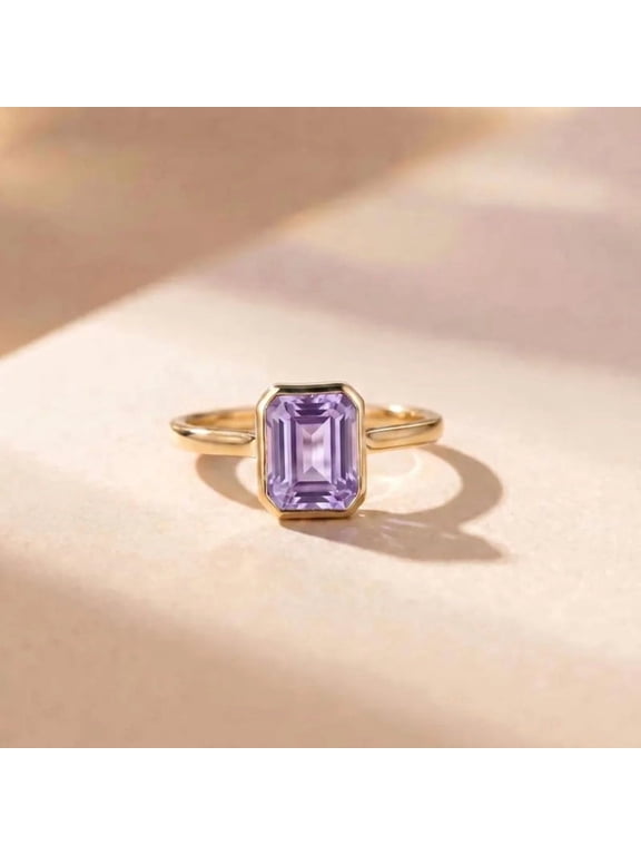 Emerald Cut Bezel Amethyst Ring in 14K Yellow Gold Vermeil - February Birthstone Solitaire Ring - Minimalist Promise Ring - Anniversary Gift for Women