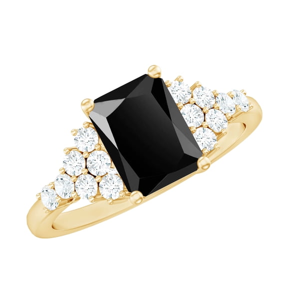 Rosec Jewels Emerald Cut Black Onyx Ring with Diamond for Women - 6X8 mm, AAA Grade, 18K Yellow Gold, US 11.00