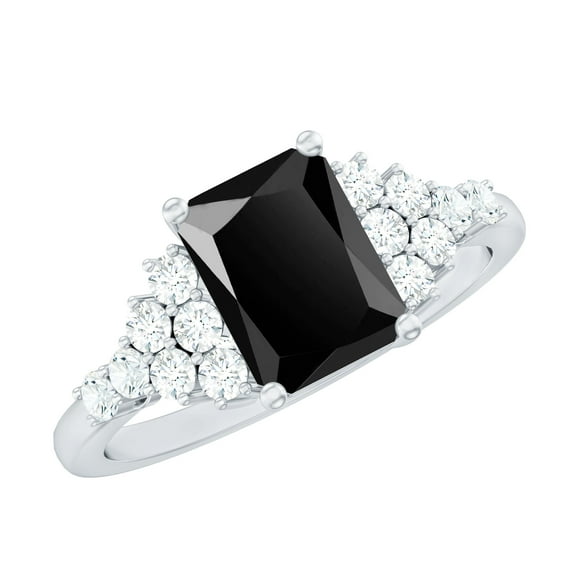 Rosec Jewels Emerald Cut Black Onyx Ring with Diamond for Women - 6X8 mm, AAA Grade, 925 Sterling Silver, US 10.50