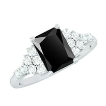 Rosec Jewels Emerald Cut Black Onyx Ring with Diamond for Women - 6X8 mm, AAA Grade, 925 Sterling Silver, US 4.00