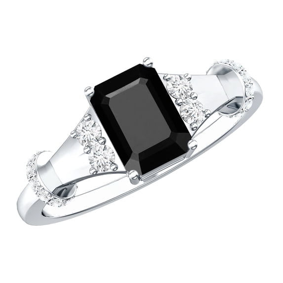 Rosec Jewels Natural Black Onyx Emerald Cut Engagement Ring (1.8 Carat, AAA Quality) - Black Onyx Diamond Ring for Women, 14K White Gold, US 7.00