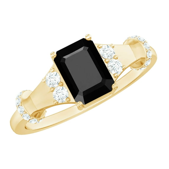 Rosec Jewels Emerald Cut Black Onyx Solitaire Ring with Moissanite, Designer Ring - 6X8 mm, 14K Yellow Gold, US 6.00
