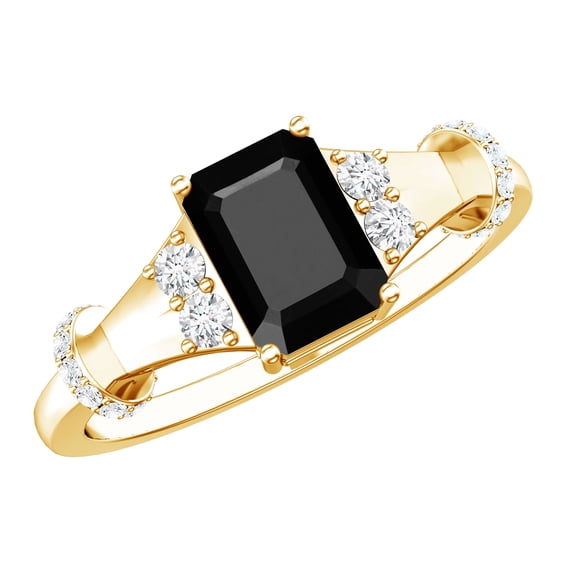 Rosec Jewels Natural Black Onyx Emerald Cut Engagement Ring (1.8 Carat, AAA Quality) - Black Onyx Diamond Ring for Women, 18K Yellow Gold, US 9.50
