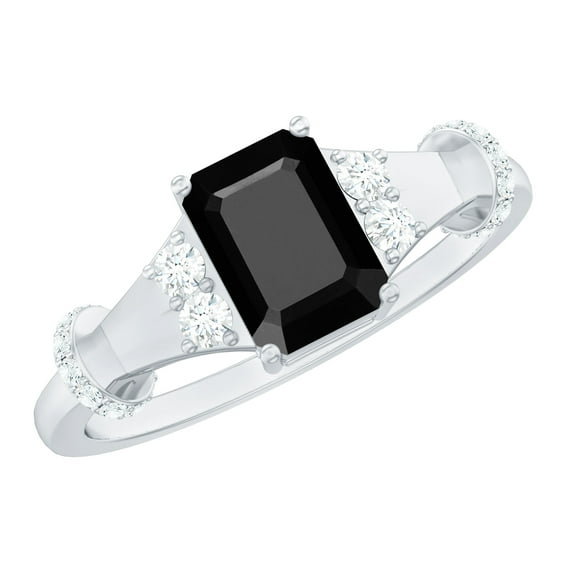 Rosec Jewels Emerald Cut Black Onyx Solitaire Ring with Moissanite, Designer Ring - 6X8 mm, 925 Sterling Silver, US 4.00