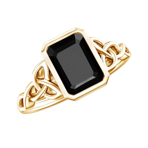 Rosec Jewels Real Black Onyx Engagement Ring - 1.8 Carat - AAA Grade - Emerald Cut Black Onyx Ring with Surprise Diamond, 14K Yellow Gold, US 10.00