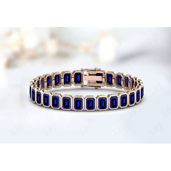 Emerald Cut Blue Sapphire Bracelet For Women 925 Silver Tennis Bracelet,Anniversary Gift for her