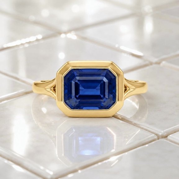 Emerald Cut Blue Sapphire Ring in 925 Sterling Silver Bezel Setting Statement Ring, September Birthstone Jewelry, Split Shank Yellow Gold Plated Ring