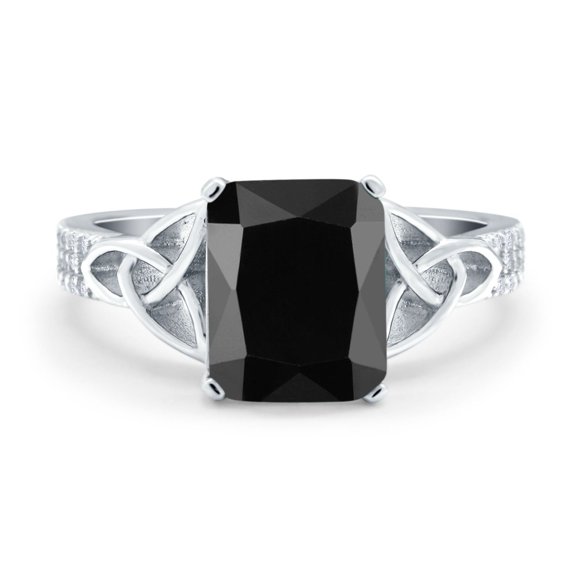 Emerald Cut Celtic Engagement Ring Black CZ 925 Sterling Silver Size 5