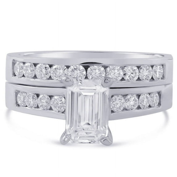 Emerald Cut Channel Set Modern Diamond Engagement Ring & Matching Band Wedding Set E14