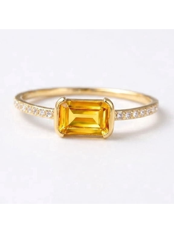 Emerald Cut Citrine Ring, Dainty Diamond Band Ring, Minimalist Gemstone Ring, November Birthstone Ring, Engagement Ring, Yellow Gemstone Promise Ring