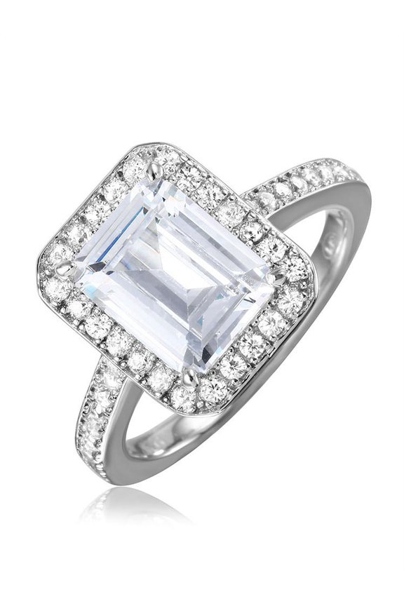 Emerald Cut Clear Cubic Zirconia Mystere Halo Ring Rhodium Plated Sterling Silver Size 8