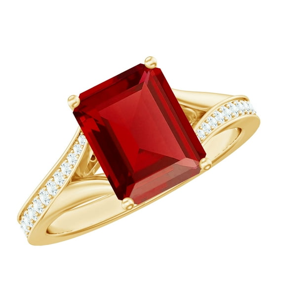 Rosec Jewels Emerald Cut Created Ruby Solitaire Ring with Diamond, Split Shank Ring (7X9 mm), 10K Yellow Gold, US 4.50