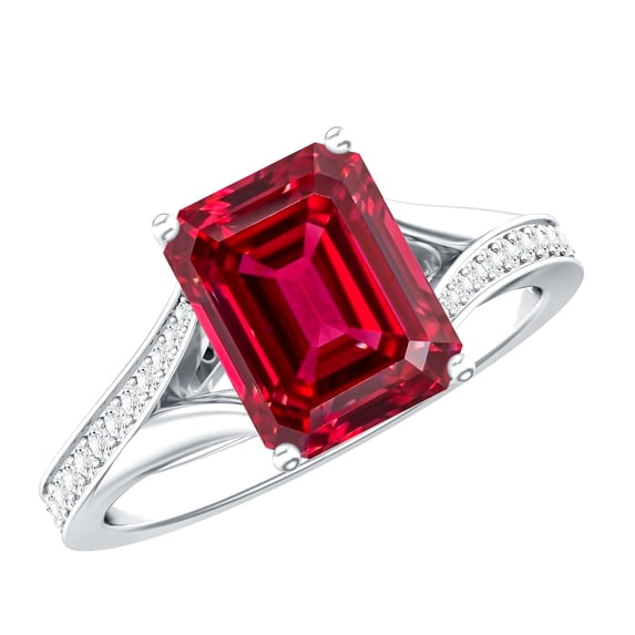 Rosec Jewels Lab Grown Ruby Solitaire Engagement Ring (7X9 mm Emerald Cut - AAAA Quality) - Ruby and Diamond Ring for Women, 14K White Gold, US 3.00