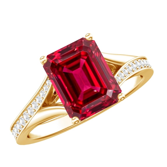 Rosec Jewels Lab Grown Ruby Solitaire Engagement Ring (7X9 mm Emerald Cut - AAAA Quality) - Ruby and Diamond Ring for Women, 14K Yellow Gold, US 3.50