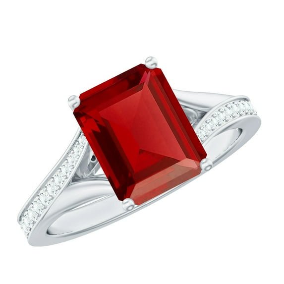 Rosec Jewels Emerald Cut Created Ruby Solitaire Ring with Diamond, Split Shank Ring (7X9 mm), 18K White Gold, US 7.50