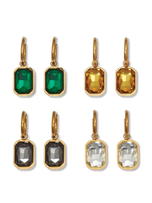 Emerald Cut Crystal Yellow Gold Ion-Plated Stainless Steel Huggie Earrings Set