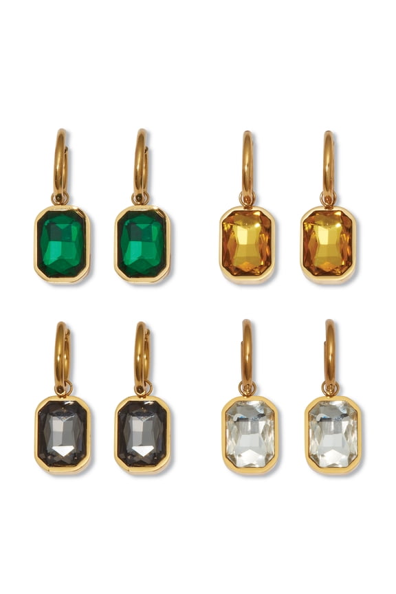 Emerald Cut Crystal Yellow Gold Ion-Plated Stainless Steel Huggie Earrings Set