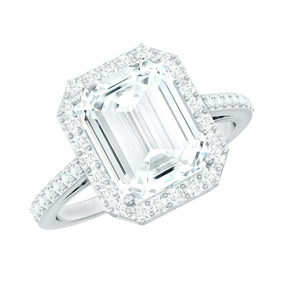 Rosec Jewels Cubic Zirconia Emerald Cut Engagement Ring with Halo - AAAA Quality Certified - Statement Ring - with Jewelry Box, 10K White Gold, US 8.00
