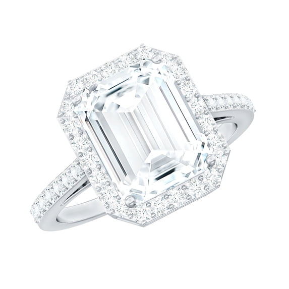 Rosec Jewels Cubic Zirconia Emerald Cut Engagement Ring with Halo - AAAA Quality Certified - Statement Ring - with Jewelry Box, 10K White Gold, US 9.00