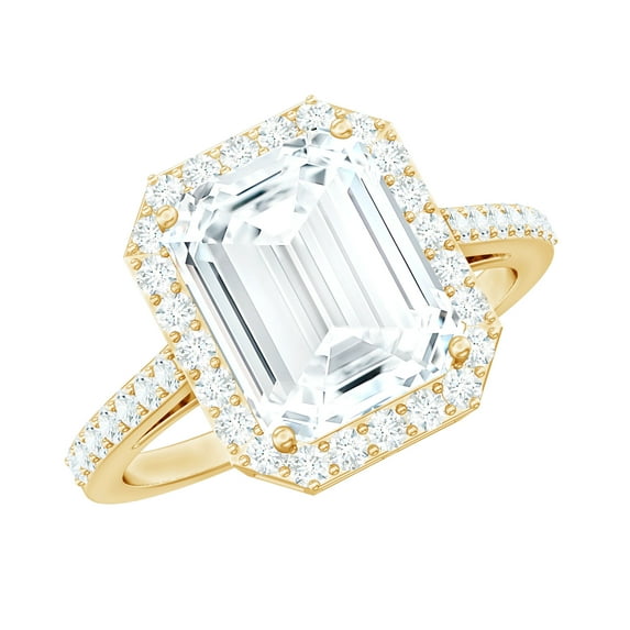 Rosec Jewels Emerald Cut Cubic Zirconia Engagement Ring with Halo for Women, 18K Yellow Gold, US 4.50