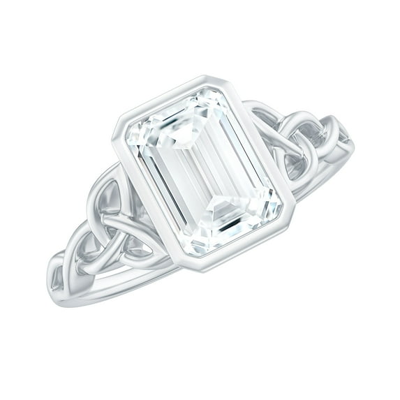 Rosec Jewels Emerald Cut Cubic Zirconia Solitaire Ring - Celtic Knot Ring - 6X8 mm, 10K White Gold, US 6.00