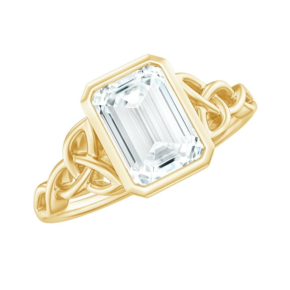 Rosec Jewels Emerald Cut Cubic Zirconia Solitaire Ring - Celtic Knot Ring - 6X8 mm, 10K Yellow Gold, US 6.00