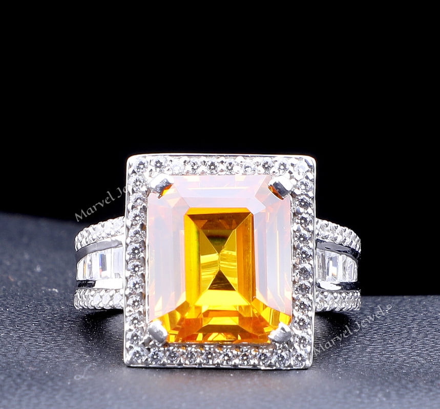 Bague Cocktail En Argent 925 Avec Zirconium Cubique Taille émeraude 8ct - Style Art Déco - Pierre Centrale Jaune Canari - 9