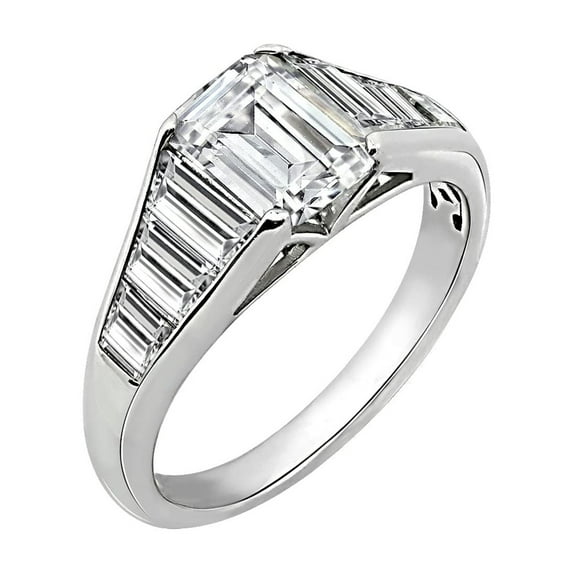 Emerald Cut Diamond Engagement Ring, Channel Set Tapered Baguette Diamond Ring, Elegant Wedding Anniversary Diamond Ring, 14K White Gold Plated, 2.4 Ct Simulated Diamond