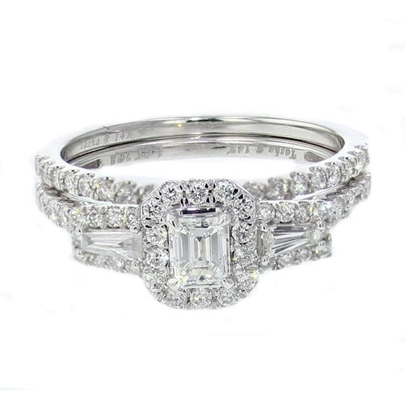 Emerald Cut Diamond Engagement Ring and Band Set Baguette Side Diamonds 14K White Gold 1.00ctw