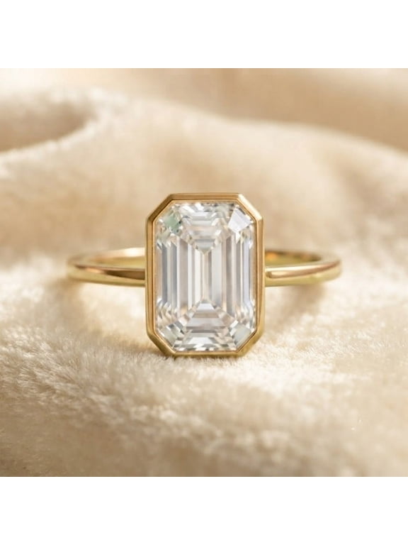 Emerald Cut Diamond Ring, 925 Sterling Silver Yellow Gold Plated Handmade Bezel Ring, Promise Ring, April Birthstone Jewelry