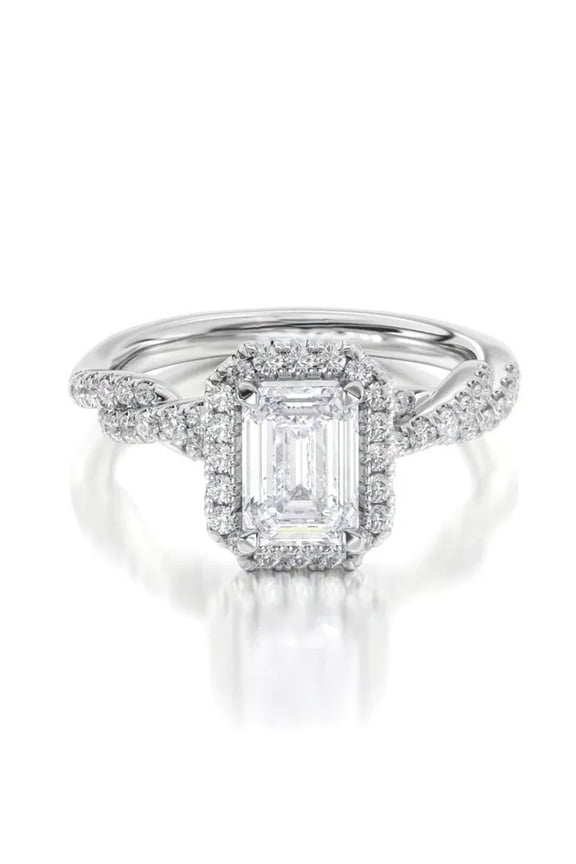 Emerald Cut Diamond Ring, Halo Diamond Engagement Ring, Twisted Shank Pave Set Diamond Ring, 2.3 Ct Simulated Diamond, 14K White Gold Plated