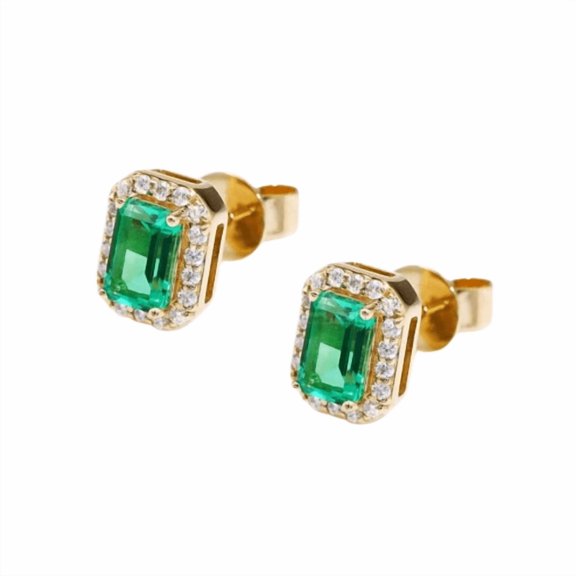 Emerald Cut Emerald and Moissanite Stud Earrings for Women – 14K Yellow Gold Plated Dainty Earrings – Elegant Wedding Gift – Bridesmaid Jewelry – Romantic Gift for Wife