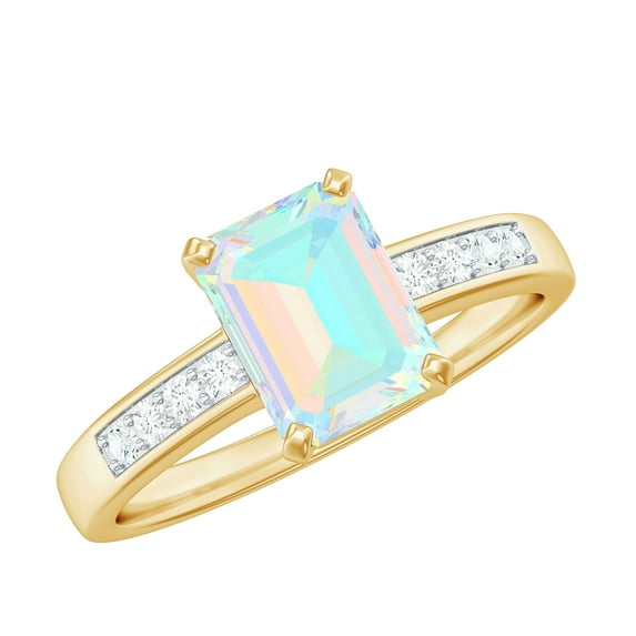 Rosec Jewels Natural Ethiopian Opal Emerald Cut Engagement Ring - 6X8 mm - Opal Diamond Ring - AAA Quality - with Jewelry Box, 14K Yellow Gold, US 9.00