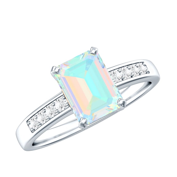 Rosec Jewels Natural Ethiopian Opal Emerald Cut Engagement Ring - 6X8 mm - Opal Diamond Ring - AAA Quality - with Jewelry Box, 925 Sterling Silver, US 4.00