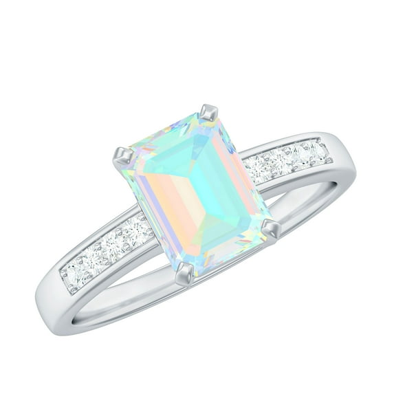 Rosec Jewels Natural Ethiopian Opal Emerald Cut Engagement Ring - 6X8 mm - Opal Diamond Ring - AAA Quality - with Jewelry Box, 925 Sterling Silver, US 7.50
