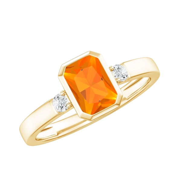 Rosec Jewels Emerald Cut Fire Opal Solitaire Ring with Diamond for Women - 6X8 mm, 14K Yellow Gold, US 5.50