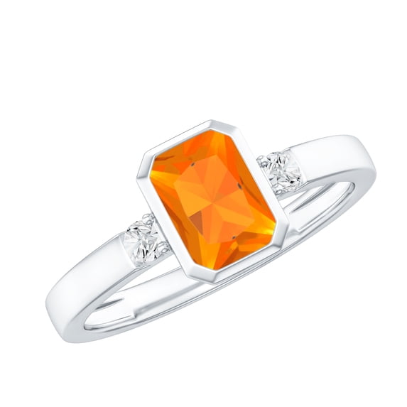 Rosec Jewels Emerald Cut Fire Opal Solitaire Ring with Diamond for Women - 6X8 mm, 18K White Gold, US 12.00