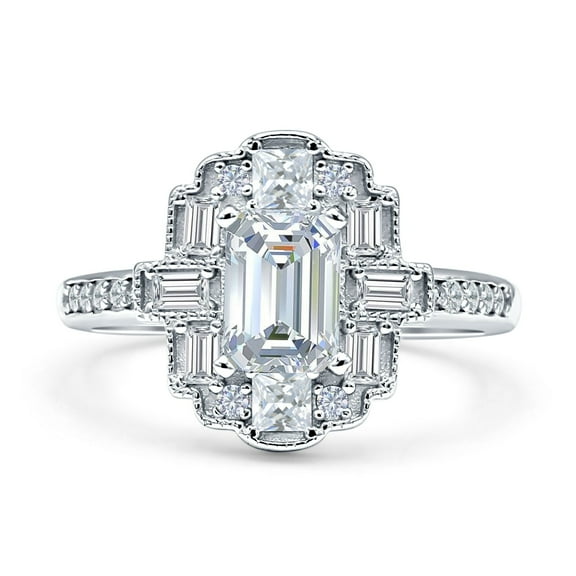 Emerald Cut Floral Cocktail Ring CZ 925 Sterling Silver Size 5