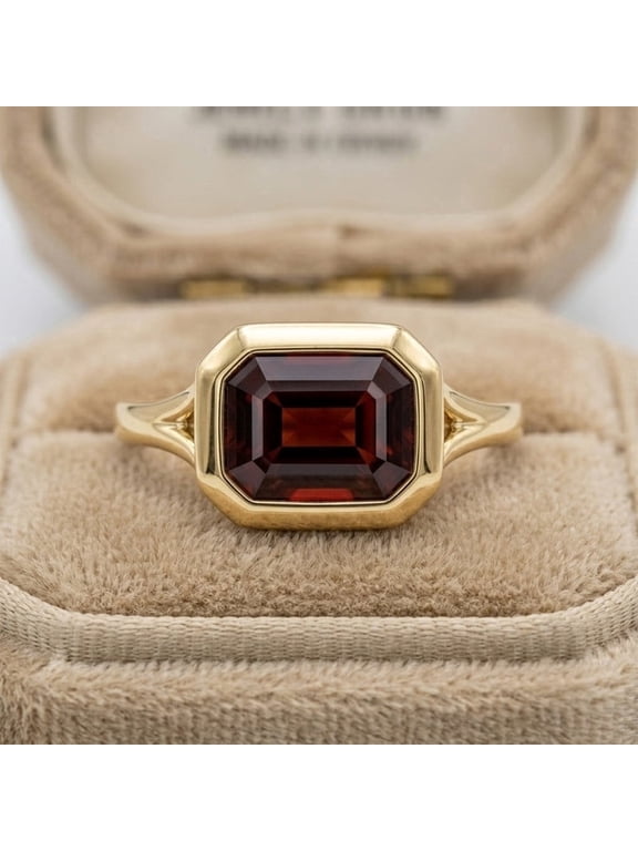 Emerald Cut Garnet Gemstone Bezel Ring, 925 Sterling Silver Yellow Gold Plated Handmade Ring, January Birthstone Ring, Birthday Gift Jewelry