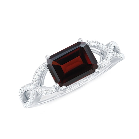 Rosec Jewels Emerald Cut Garnet Solitaire Ring with Diamond for Women, Crossover Ring, 18K White Gold, US 11.50