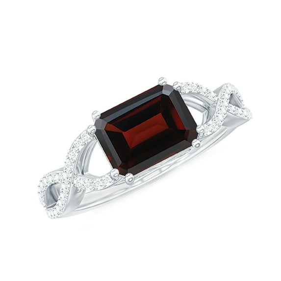 Rosec Jewels Emerald Cut Garnet Solitaire Ring with Diamond for Women, Crossover Ring, 18K White Gold, US 9.00