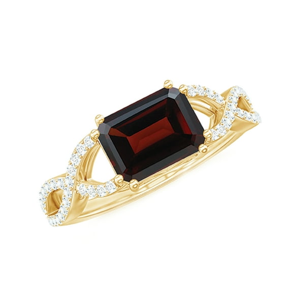 Rosec Jewels Emerald Cut Garnet Solitaire Ring with Diamond for Women, Crossover Ring, 18K Yellow Gold, US 10.00
