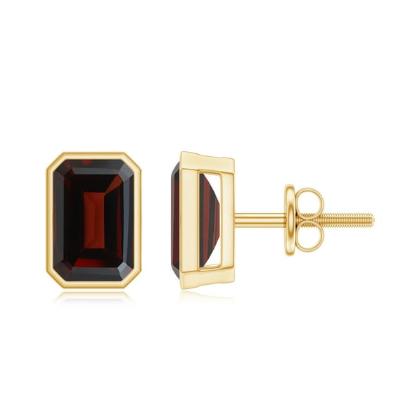 Rosec Jewels Emerald Cut Garnet Solitaire Stud Earrings in Bezel Setting - AAA Quality, 14K Yellow Gold
