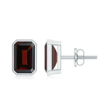 Rosec Jewels Emerald Cut Garnet Solitaire Stud Earrings in Bezel Setting - AAA Quality, 925 Sterling Silver