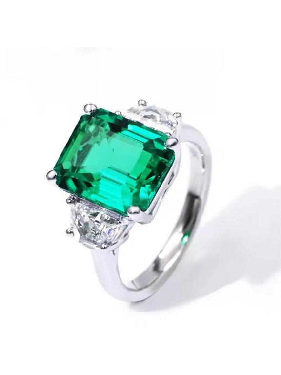 Emerald Cut Lab-Created Emerald & D-Shaped Diamond Gemstone Three-Stone Ring in 925 Sterling Silver for Women