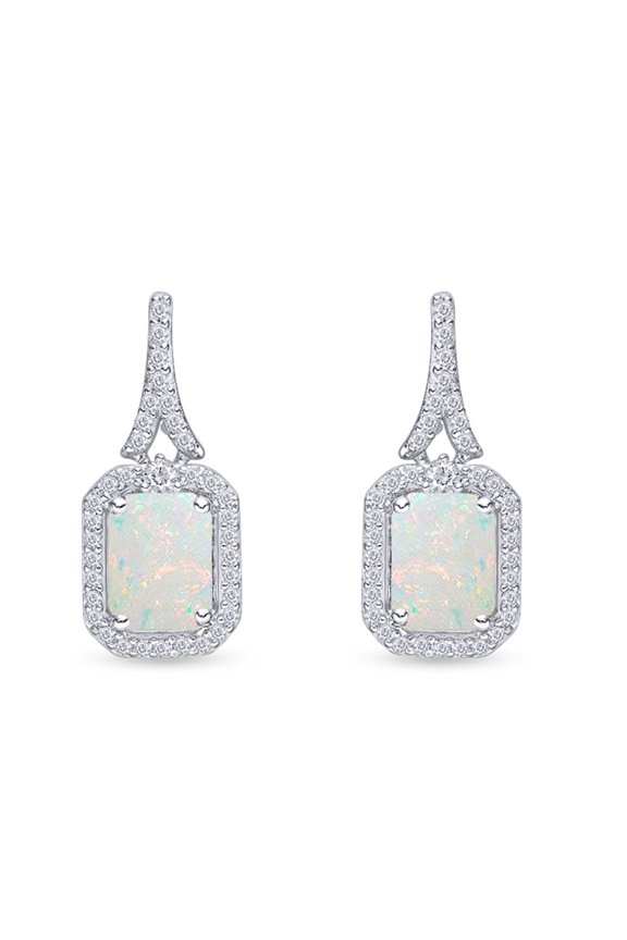 Emerald Cut Lab Created Opal And Simulated White Sapphire Cushion Frame Drop Earrings In 14k White Gold Over Sterling Silver