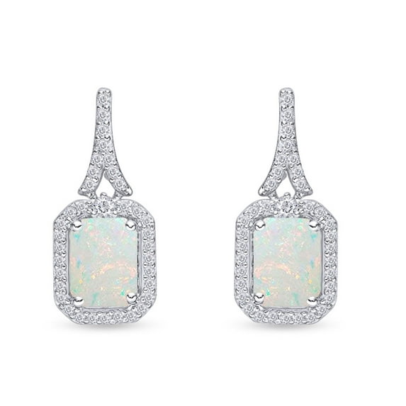 Emerald Cut Lab Created Opal And Simulated White Sapphire Cushion Frame Drop Earrings In 14k White Gold Over Sterling Silver