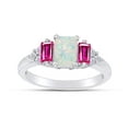 thumbnail image 1 of Emerald Cut Lab Created Opal With Simulated Pink And White Sapphire Three Stone Engagement Ring In 14k White Gold Over Sterling Silver Ring Size-6.5, 1 of 1