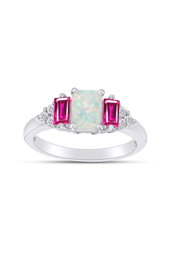Emerald Cut Lab Created Opal With Simulated Pink And White Sapphire Three Stone Engagement Ring In 14k White Gold Over Sterling Silver Ring Size-7.5