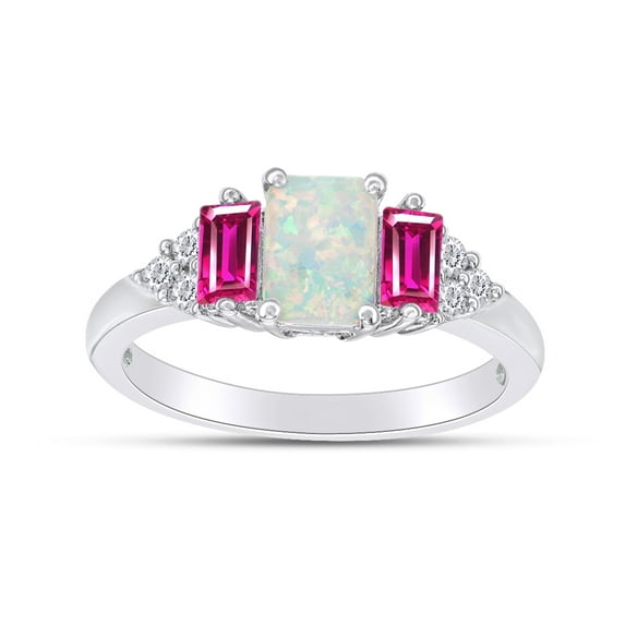 Emerald Cut Lab Created Opal With Simulated Pink And White Sapphire Three Stone Engagement Ring In 14k White Gold Over Sterling Silver Ring Size-7